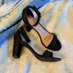 Black ankle strap block heels for wide feet